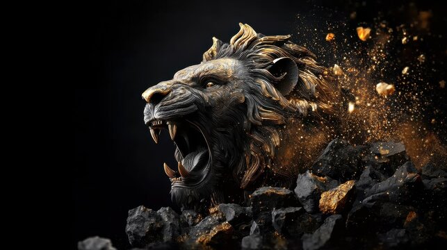 Lion king head with golden flames, suitable for website designs, online content, marketing campaigns, and thematic visuals. The dark background enhances contrast and intensity for various applications