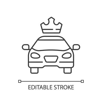 Premier cars linear icon. Service for ordering premium taxis. Comfortable ride. Luxury cab. Thin line customizable illustration. Contour symbol. Vector isolated outline drawing. Editable stroke