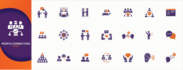 Fototapeta premium People interaction flat icons set. Showcasing communication, collaboration, connection, meeting, handshake and relationship icons. Solid human interaction vector icons collection.
