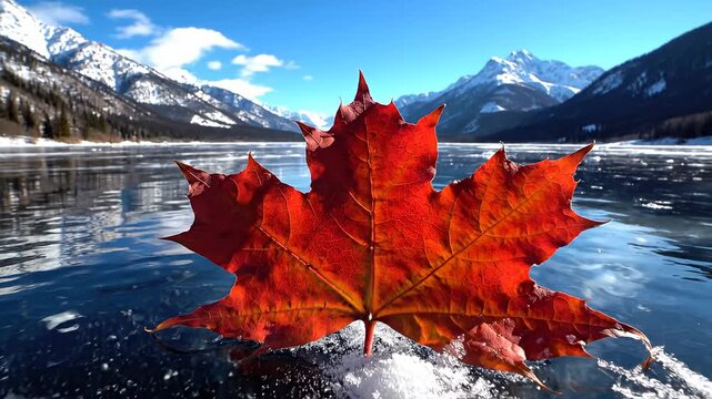 Vibrant red maple leaf falling on icy lake in snowy mountains
