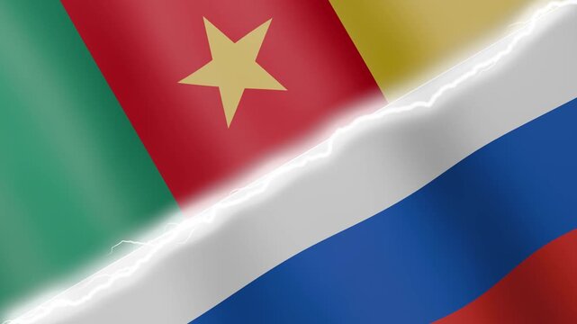 Two waving flags Cameroon and Russia with diagonal lightning seamless, 4k loop