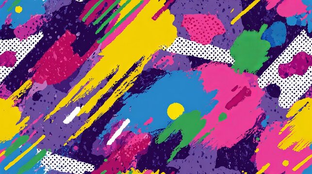 Abstract pop art paint splash pattern, colorful geometric Memphis style vector background, trendy 80s 90s retro design with copy space