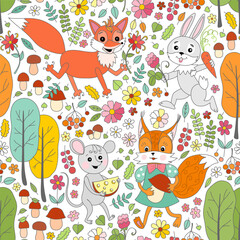 Naklejka premium Cute seamless pattern with fox, hare, mouse and squirrel in autumn forest with trees, flowers, berries and mushrooms