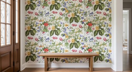 Fototapeta premium Floral wallpaper accent wall with wooden bench in bright entryway of modern home interior design