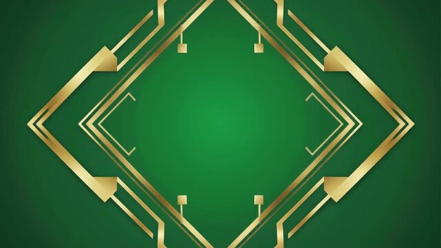 Centered view of a vibrant green square with gold geometric border against dark green backdrop, showcasing elegant modern design in composition