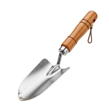 A gardening trowel with a wooden handle and metal blade on a white background.