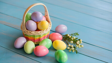 Colorful Easter Eggs in Wicker Basket on Blue Wooden Table