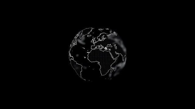 3D digital hologram planet earth globe rotating with glowing white dotted map on a black background for global technology and communication