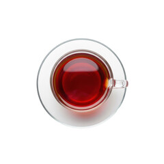 Pristine clear glass teacup with rich, dark red brewed tea on a matching saucer, isolated on transparent with copy space, top-down studio shot. Concept for luxury beverage advertising