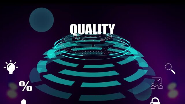 Modern quality control framework for operational success with high tech digital interface, glowing circles and premium icons for strategic company alignment