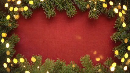 Christmas Tree Branches with Lights on Red Background