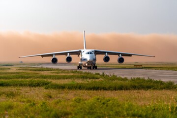 Aircraft Parked on Runway as Sandstorm Approaches in Desert Environment