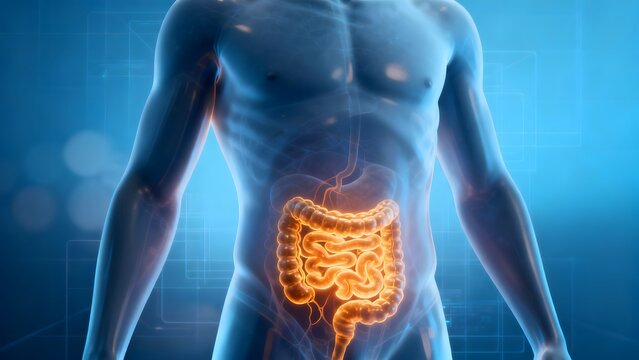 Medical image of human torso with digestive trac intestines and vascular detail