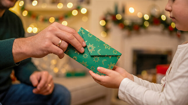 Adult hand giving green decorative money packet to child for Eid THR, a blurred living room with festive decorations, soft bokeh lights