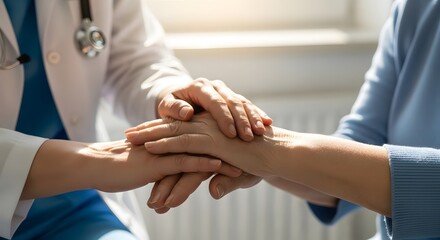 Healthcare professional offering comfort and support with gentle hand on patient's wrist
