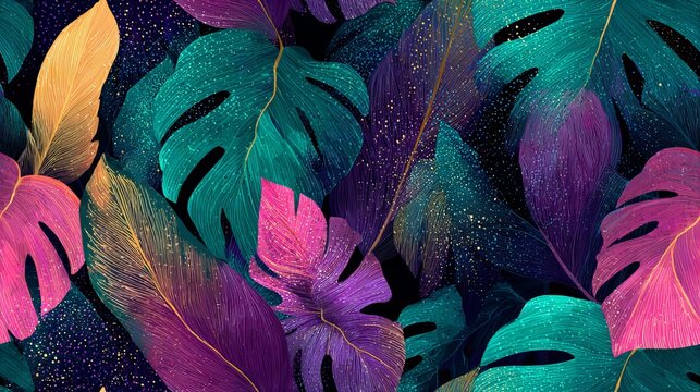 Abstract tropical monstera leaf pattern, botanical vector background texture for print, wall art, and wallpaper