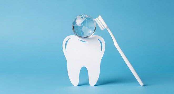 Tooth with a glass globe and a toothbrush on a blue background representing global oral health.