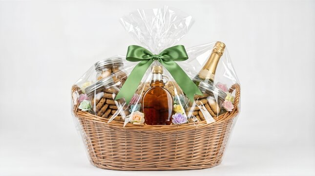 Beautifully wrapped Eid hamper gift basket, a cookies, syrups, flowers, and green ribbon, isolated on white background