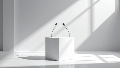 "A modern white podium with dual black microphones in a clean, well-lit room. Shadows cast diagonally, symbolizing professionalism, speeches, press conferences, and formal announcements."