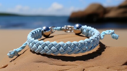 Fototapeta premium Light blue braided bracelet on sandy beach