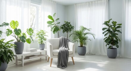 Fototapeta premium Cozy modern living room with lush green plants and comfortable chair