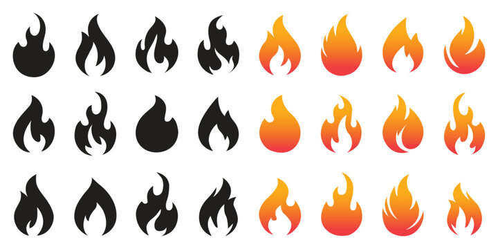 Minimal Fire Icon Set, Flame Torch Candle Match Campfire Symbols. Fire icon collection. Fire flame symbol. Fire flame icon vector design symbol. Set of fire icons. Flame design of different shapes