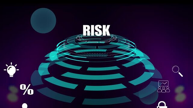 Business risk management and strategic mitigation concept with digital glowing circular interface and icons, strategic planning for safety and corporate growth background