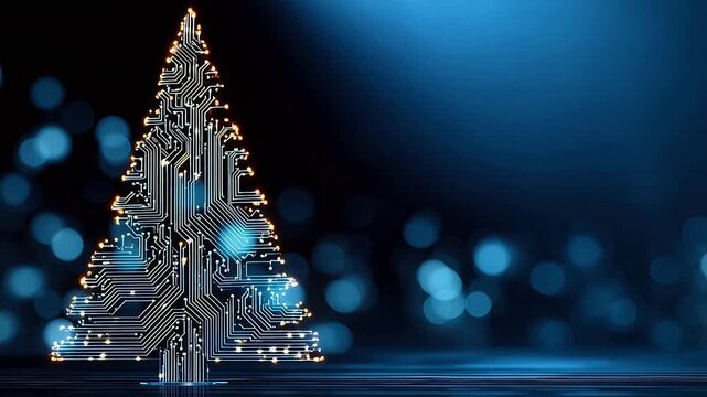 Digital Christmas tree made of circuit board design with glowing lights against a dark blue bokeh background

