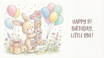 Cute bunny celebrating first birthday with balloons and gift