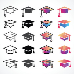 Graduation Cap Icons Set &ndash; Colorful, black and white Education and Academic Achievement Symbols
