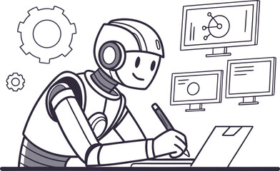 AI Robot Writing with Pen Icon Symbolizing Automated Content Creation and Intelligent Productivity Tools