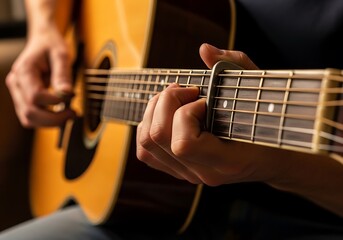 Fototapeta premium Captivating Acoustic Guitar Performance with Focus on Hand Technique and Music