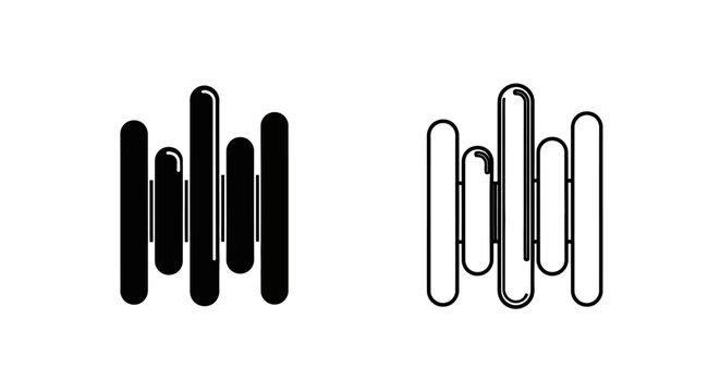 Minimalist black vector audio equalizer icon set with solid and outline styles, isolated on a transparent background for UI design or music app interfaces.