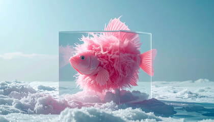 Pink fish with fluffy body inside a glass cube in snowy environment surreal