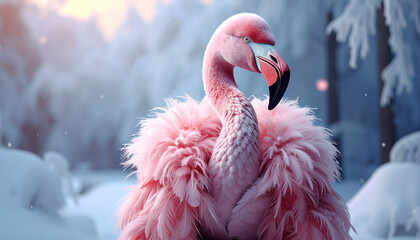 Pink flamingo in a fluffy pink coat with snow falling around it bird animal