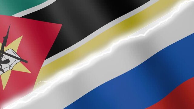 Two waving flags Mozambique and Russia with diagonal lightning seamless, 4k loop