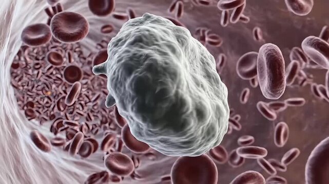 Microscopic view of a large white blood cell surrounded by red blood cells in a blood vessel.