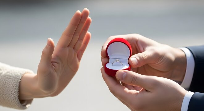 Woman Rejecting Marriage Proposal and Saying No to Engagement Ring
