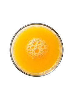 Fresh orange juice glass top view isolated on transparent background