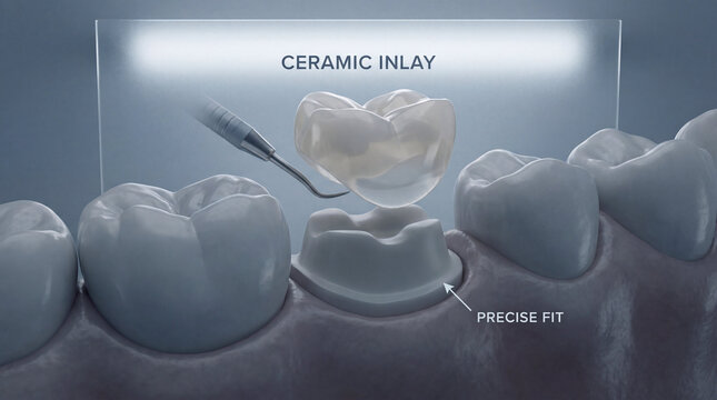 Ceramic inlay dental restoration, precise fit, tooth repair