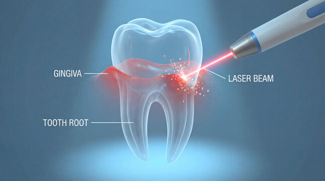 Laser dental treatment, tooth with laser beam, gingiva and tooth root