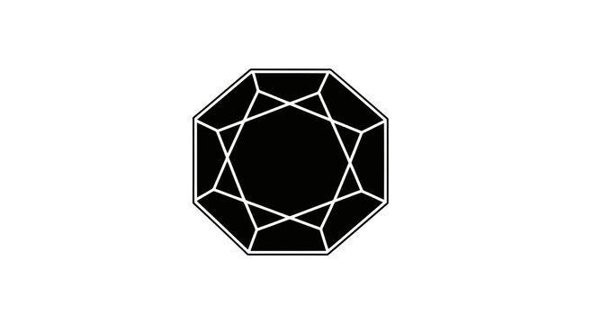 A black gemstone or jewel with a geometric shape and white outline on a white background.