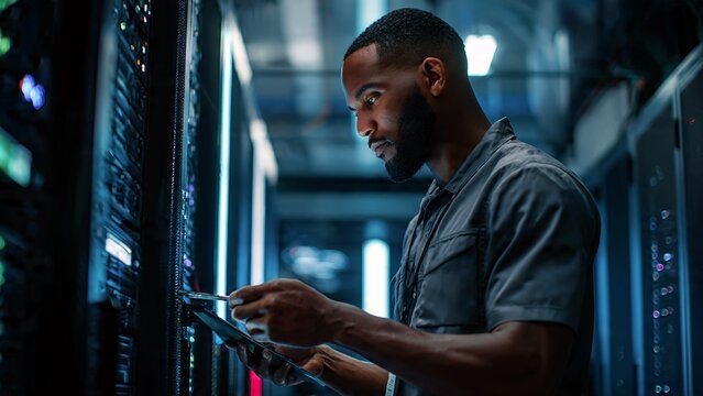 Male IT technician inspecting server rack hardware in modern server room