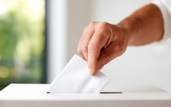 Person Casting Ballot Into Ballot Box With Hand Closeup in Bright Space
