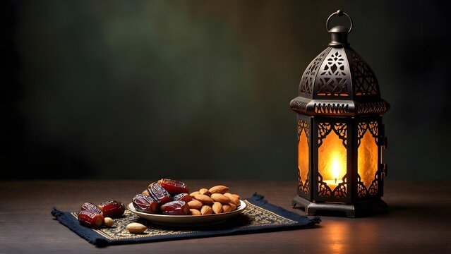 Ramadan iftar dates plate with traditional lantern and warm lighting background