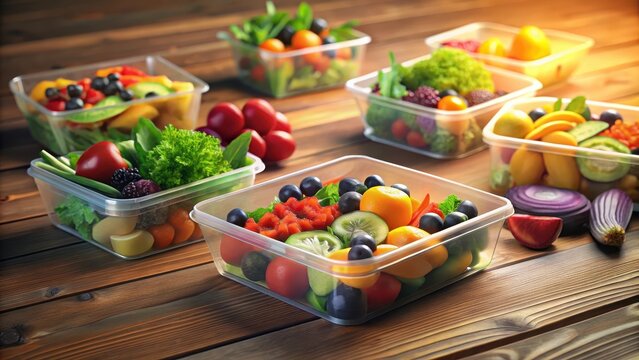 Fresh and healthy prepackaged salad boxes filled with an assortment of colorful vegetables and fruits are displayed on a clean wooden table