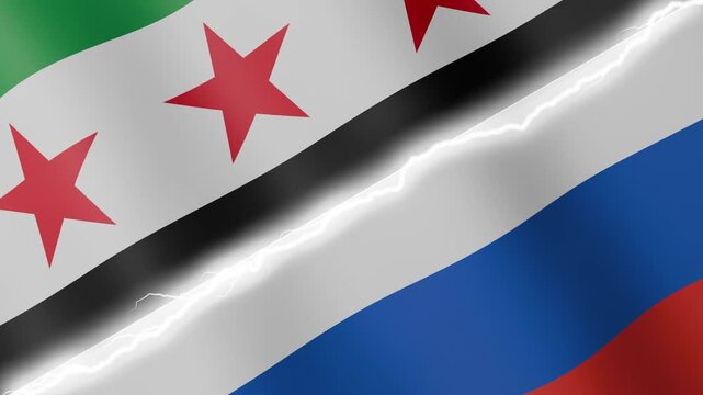 Two waving flags Syria and Russia with diagonal lightning seamless, 4k loop