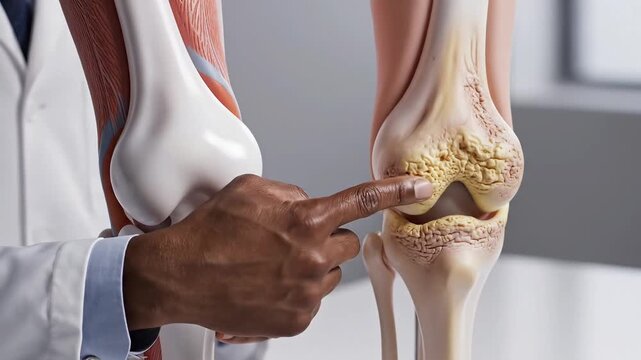 Doctor Explaining Knee Anatomy and Osteoarthritis Using Models.