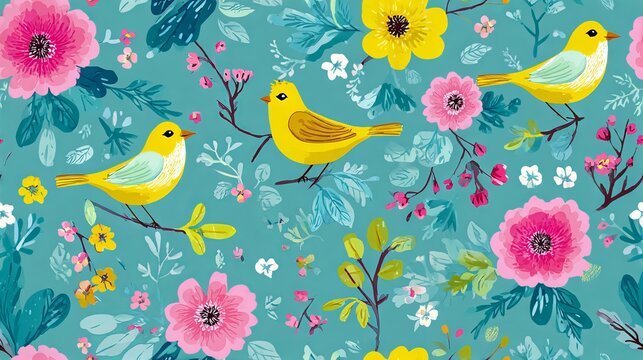 Seamless spring floral pattern with cute birds, colorful vector illustration for wedding invitation, anniversary card, birthday party banner, poster and scrapbook design