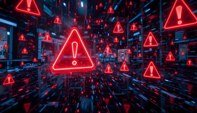 Futuristic digital interface showing red glowing exclamation mark warning icons floating in the air